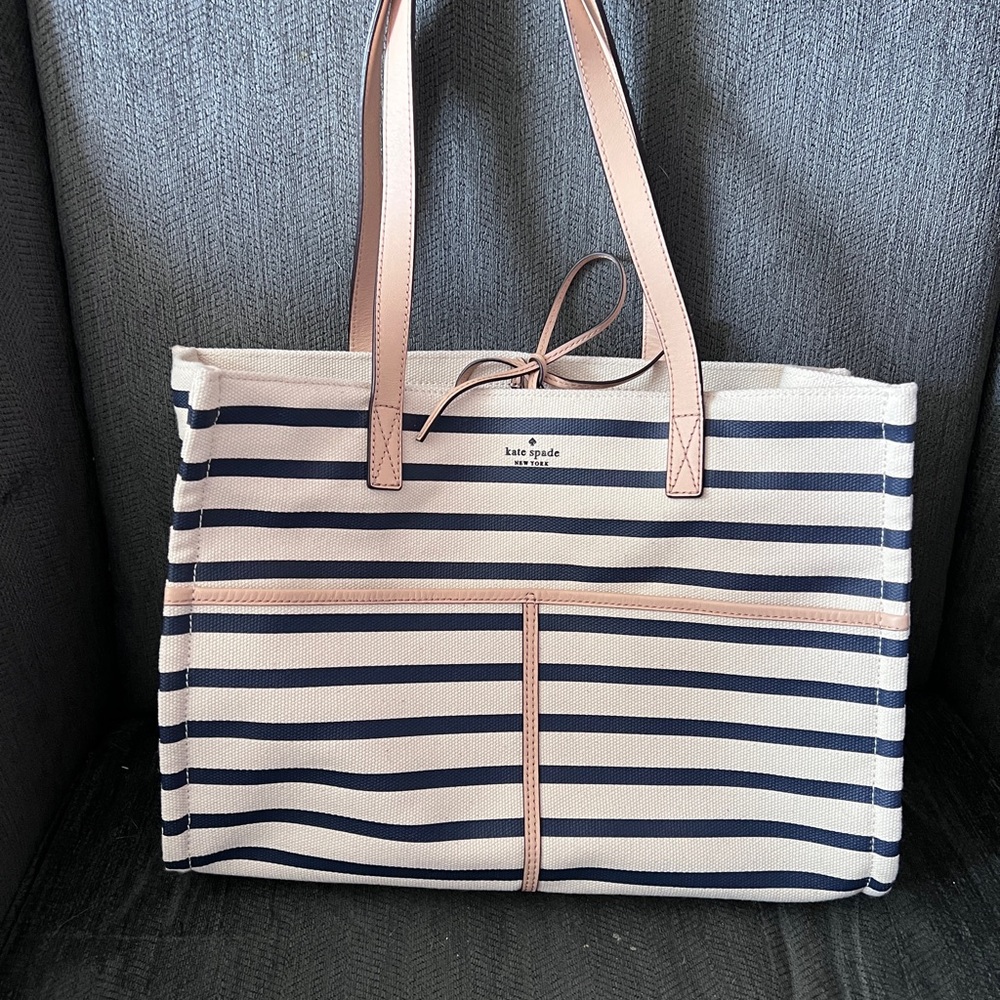 Kate Spade Blue and Cream Striped Canvas Tote